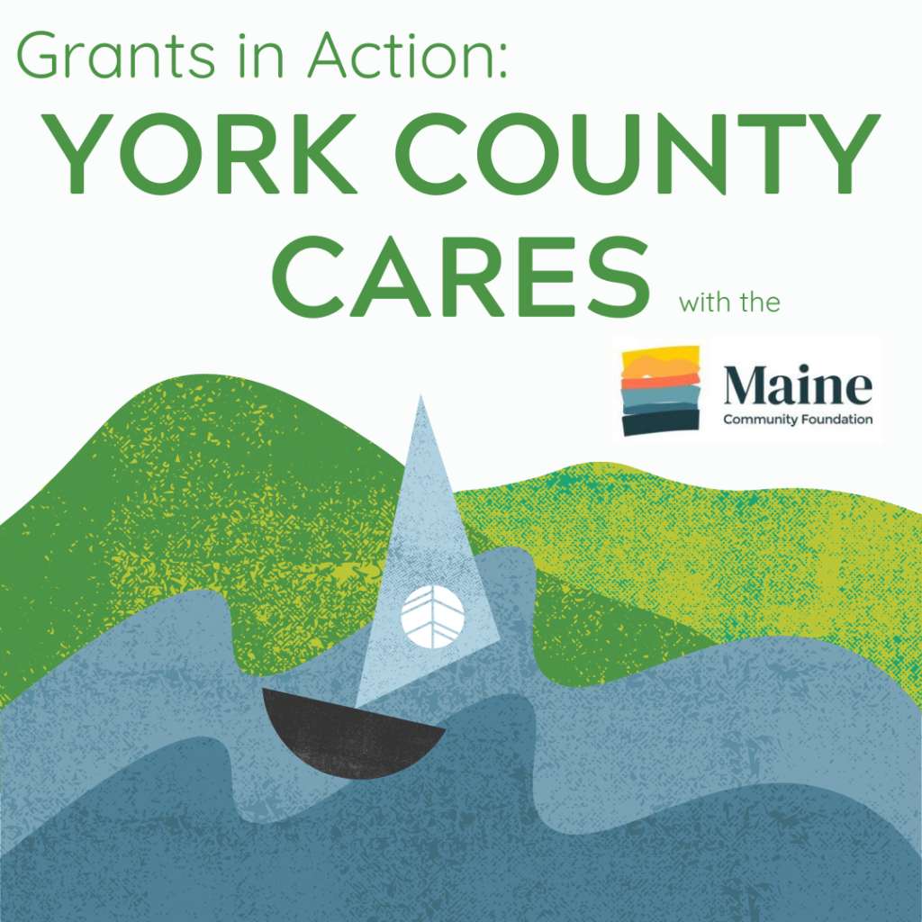 Graphic of abstract sailboat with wording that says York County Cares and a logo of the Maine Community Foundation