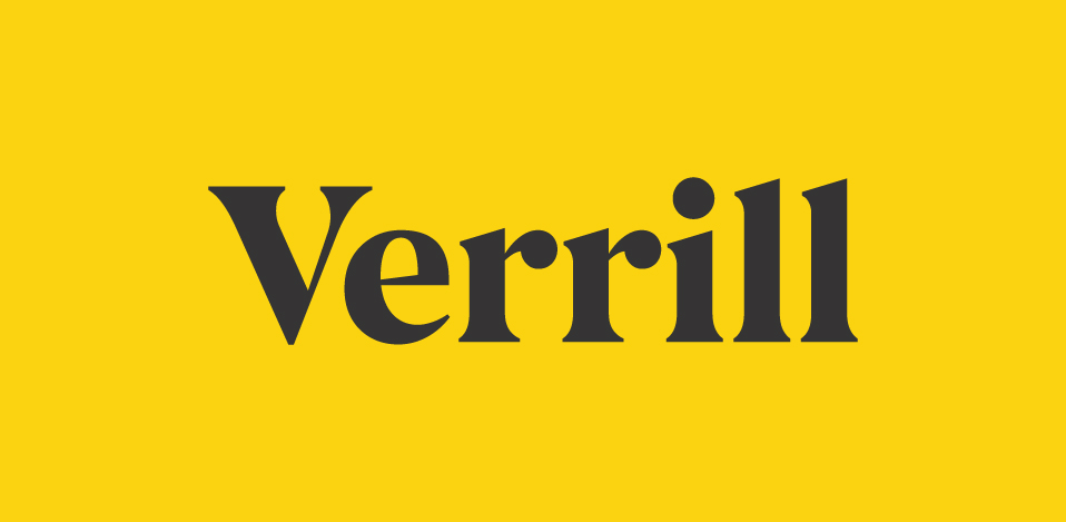 Black text on yellow background, Verrill logo