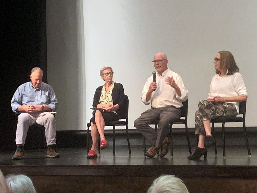 Four people on stage as a part of a discussion panel