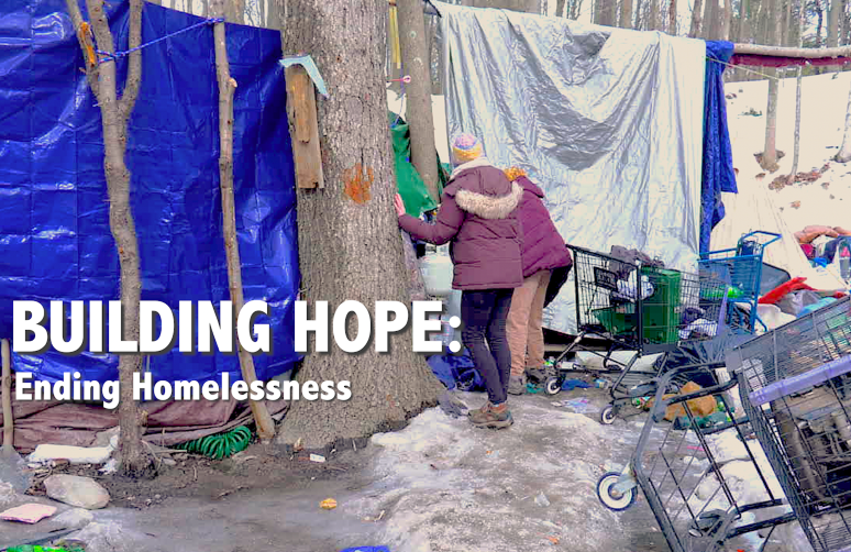 The thumbnail for the film "Building Hope," which features an encampment