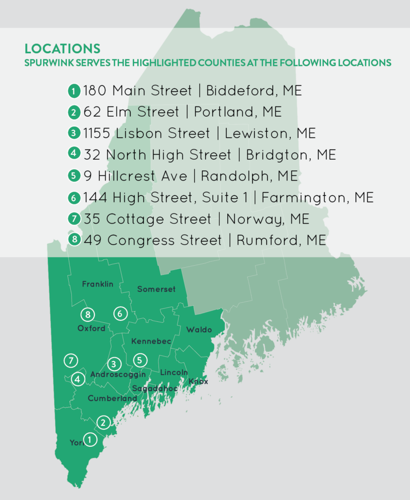 Map of Spurwink adult behavioral health home locations in Maine.