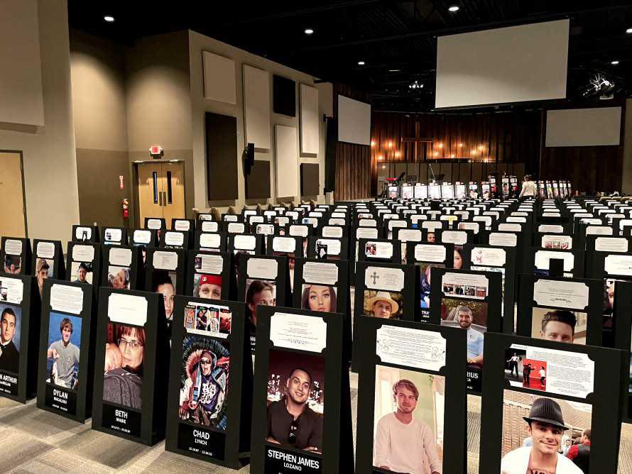 A display of hundreds of posters of lives lost to substance use - The Black Poster Project
