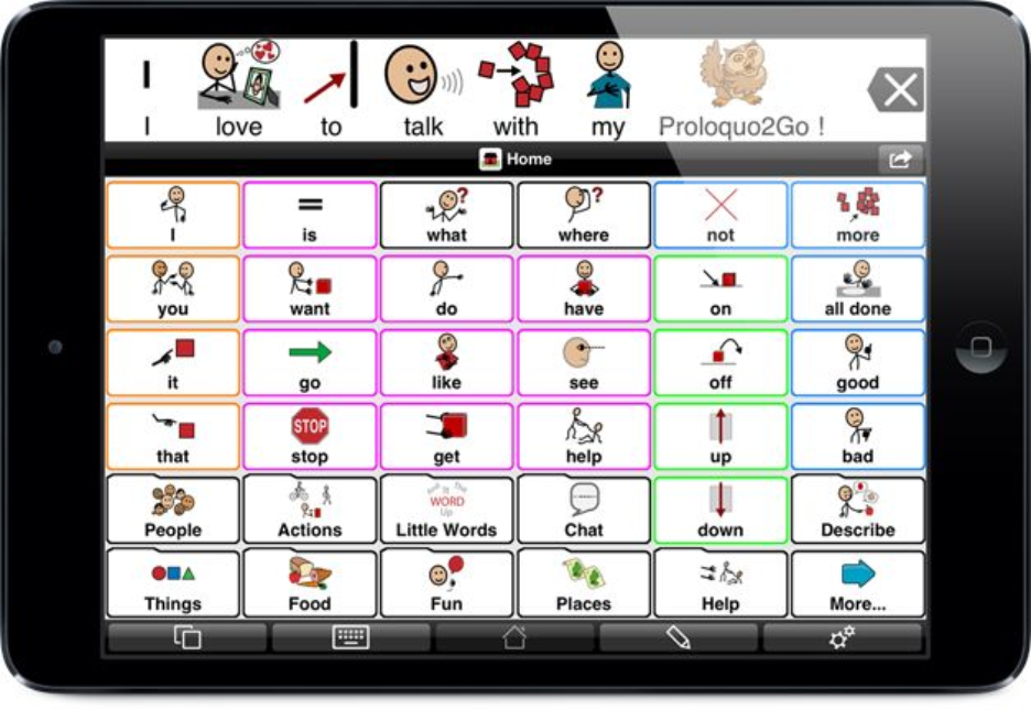 iPad with Proloquo2Go app displayed, buttons with pictures and their corresponding words