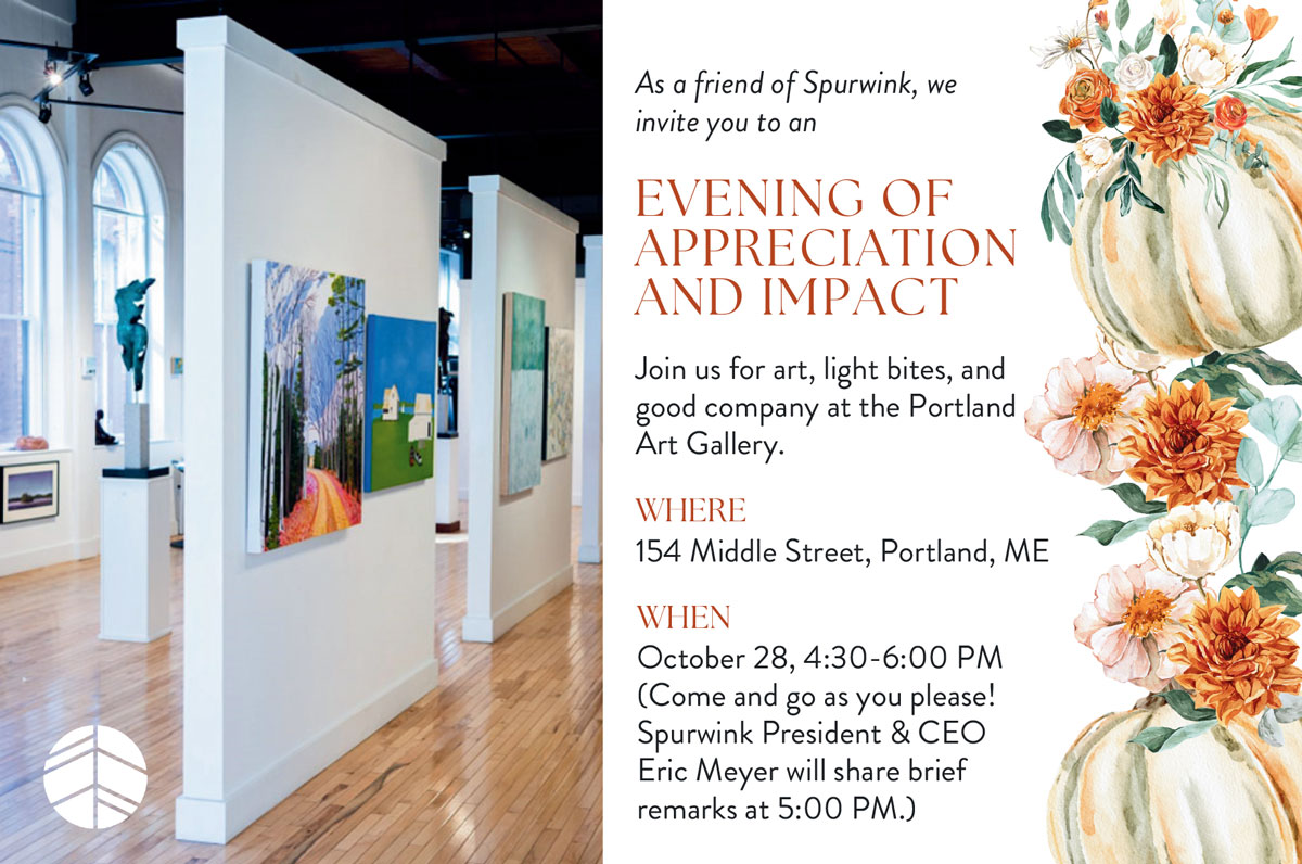 Front of invitation with a photo of an art gallery for an Evening of Appreciation and Impact event details (text within the page)